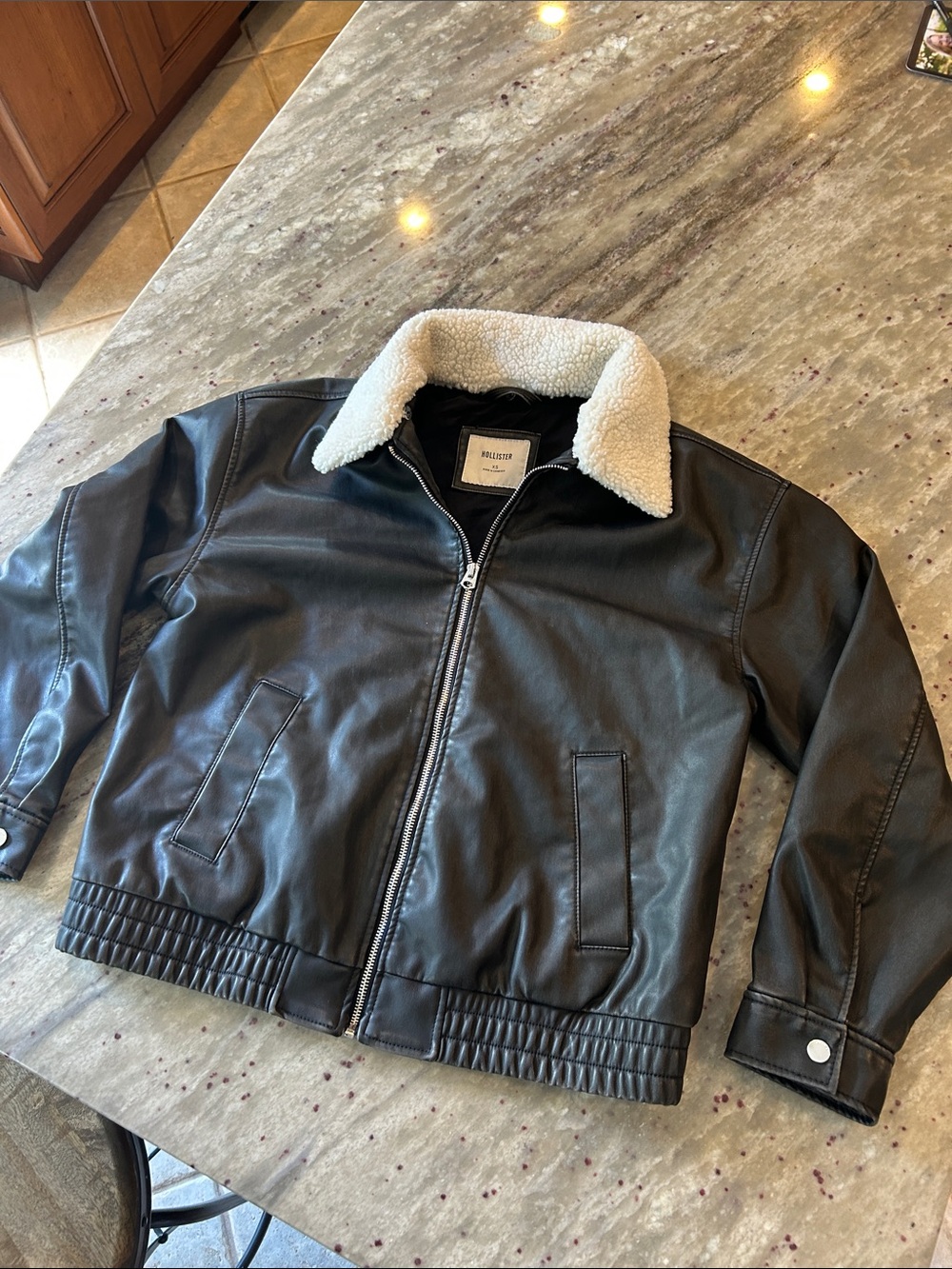 Hollister Faux Leather Bomber Jacket with Sherpa Collar - Black